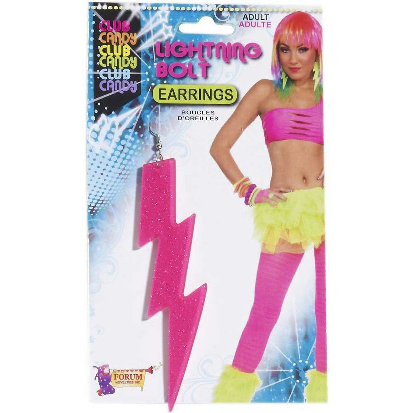 Neon Pink Plastic Glitter Lightning Bolt Earrings Pair