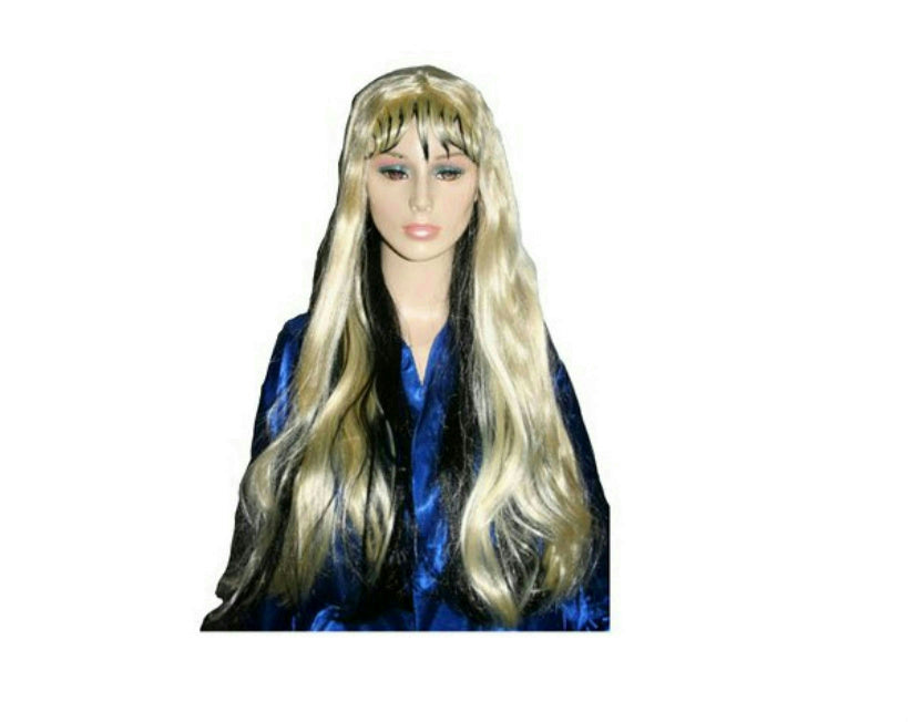 Trendy Sinister Blonde with Black Underneath Long Rocker Witch Wig with Bangs