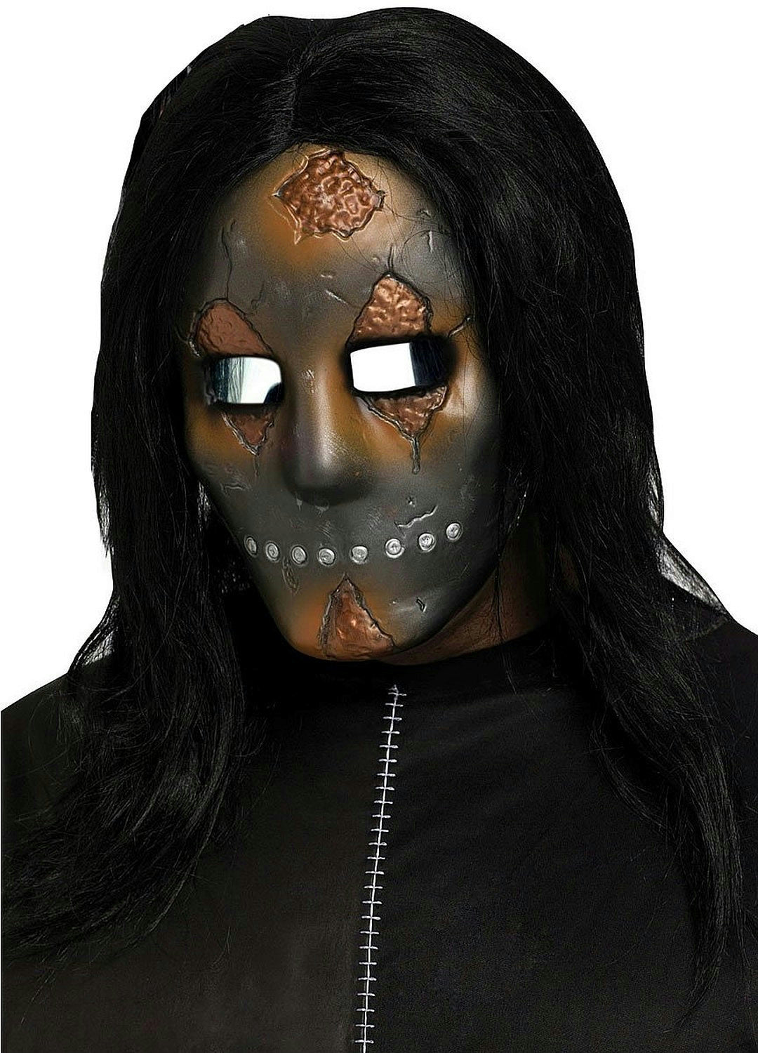 Metallic Freaky Rusted Cracked Industrial Look Face Mask with Black Long Hair