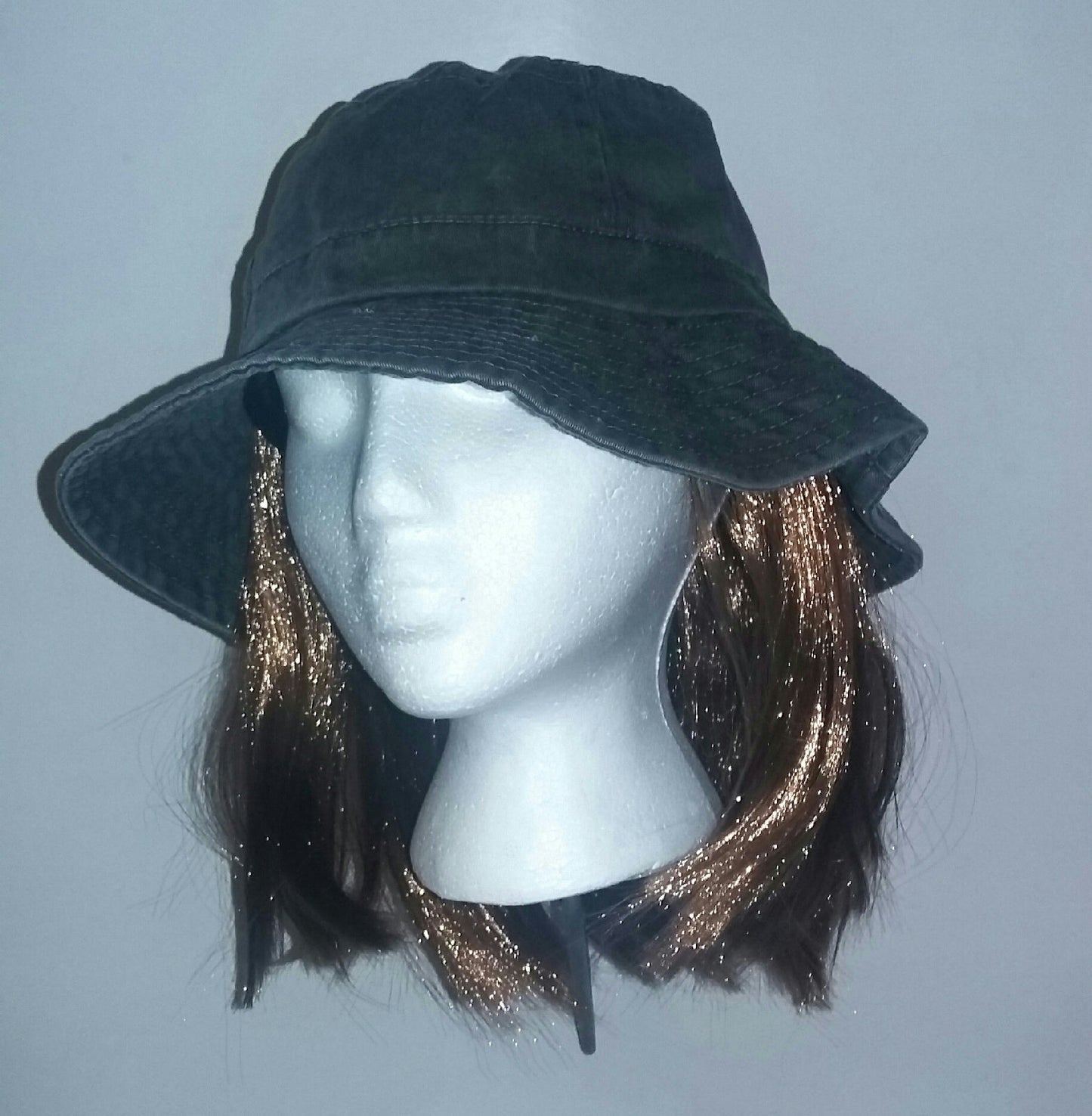 Washed Denim Cotton Bucket Hat With Attached Light Brown Hair