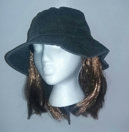 Washed Denim Cotton Bucket Hat With Attached Light Brown Hair