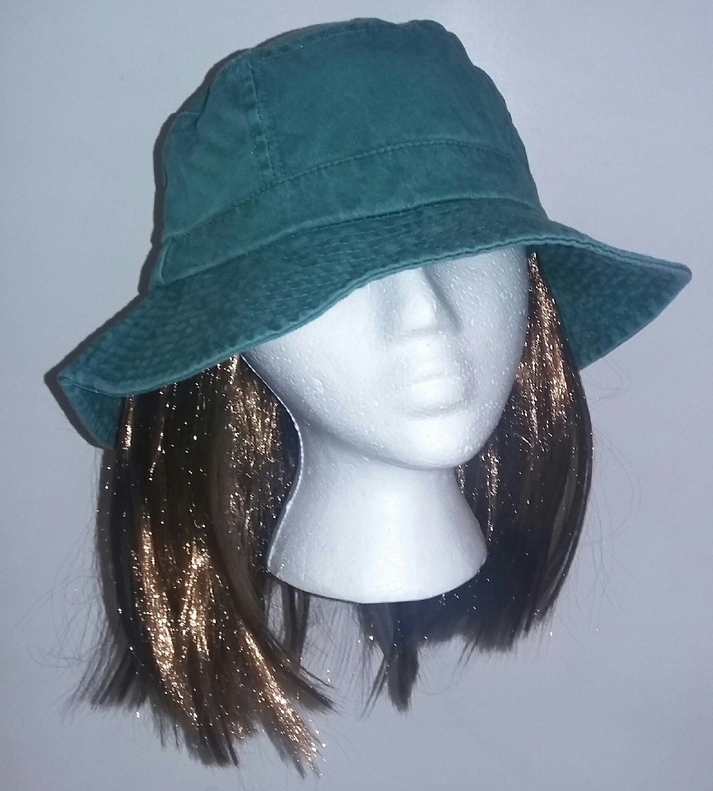 Washed Denim Cotton Bucket Hat With Attached Light Brown Hair
