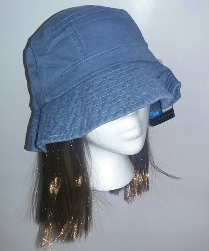 Washed Denim Cotton Bucket Hat With Attached Light Brown Hair