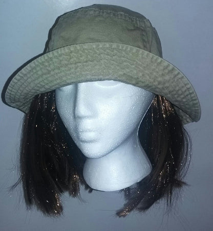 Washed Denim Cotton Bucket Hat With Attached Light Brown Hair