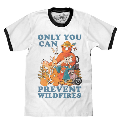 Smokey Bear Only You Can Prevent Wildfires Ringer Mens T Shirt White and Black