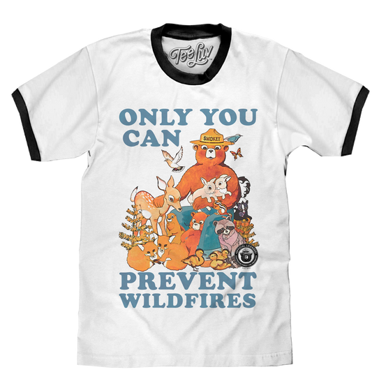 Smokey Bear Only You Can Prevent Wildfires Ringer Mens T Shirt White and Black