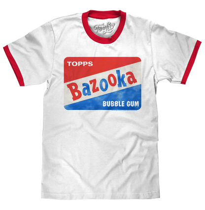 Topps Bazooka Bubble Gum Ringer Mens T Shirt Red and White