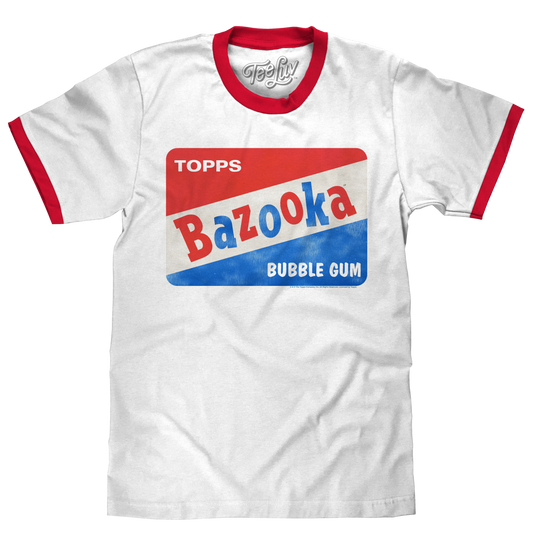 Topps Bazooka Bubble Gum Ringer Mens T Shirt Red and White
