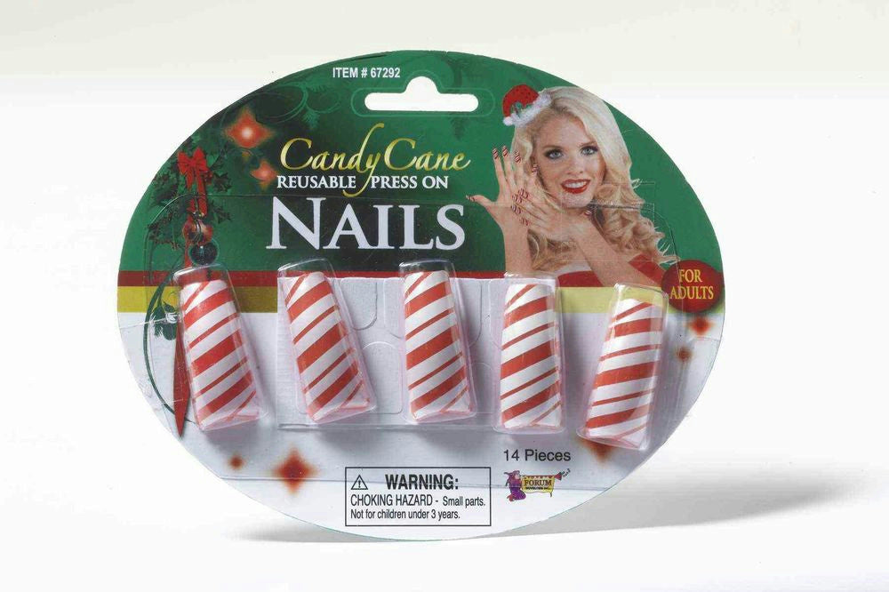Set of 10 Red White Striped Candy Cane Reusable Press On Nails Christmas Fun