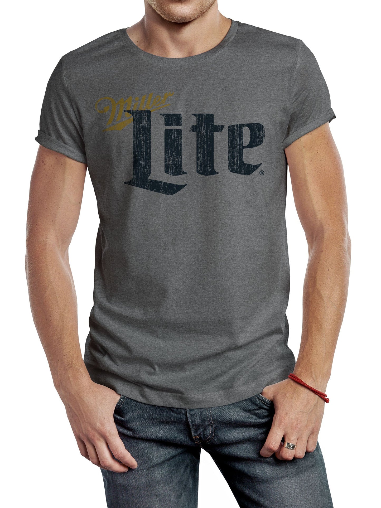 Miller Lite Distressed LogoMens T Shirt Gray