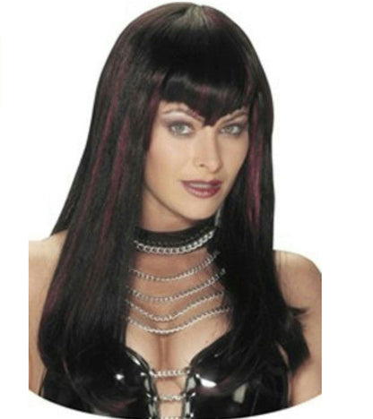 Black and Burgundy Hot Streak Sexy Vampire Dominatrix Long Sleek Wig with Bangs