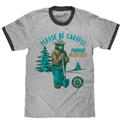 Smokey Bear Please Be Careful Prevent Wildfires Ringer Mens T Shirt Gray and Black