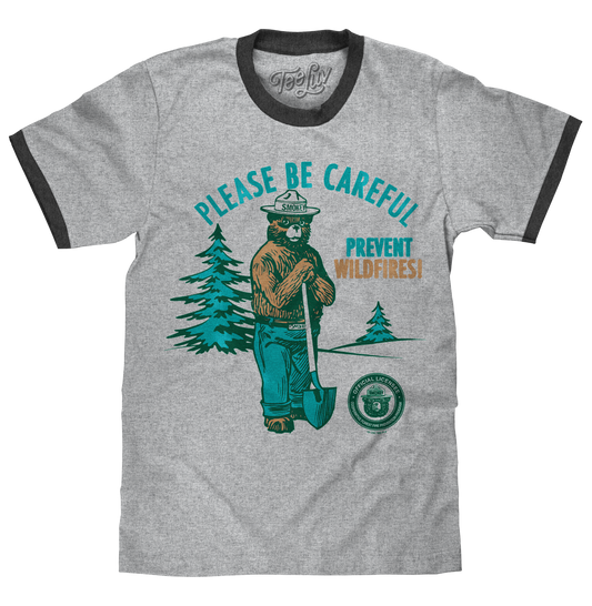 Smokey Bear Please Be Careful Prevent Wildfires Ringer Mens T Shirt Gray and Black
