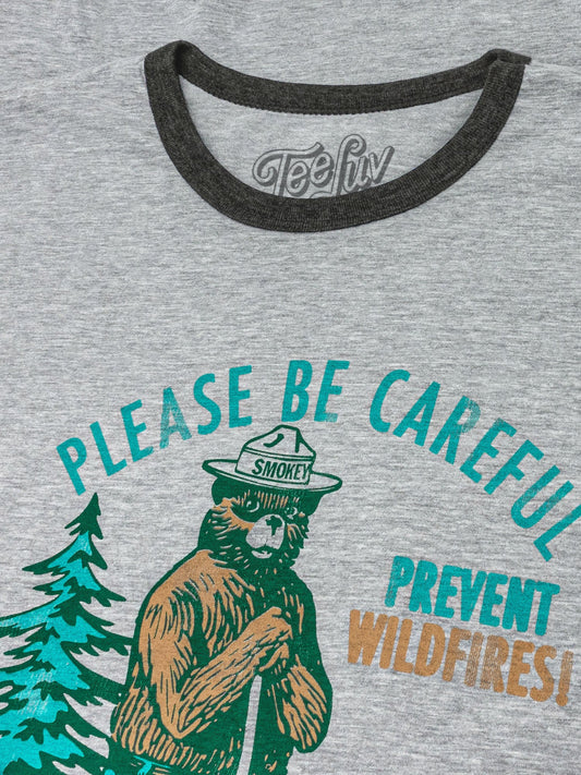 Smokey Bear Please Be Careful Prevent Wildfires Ringer Mens T Shirt Gray and Black