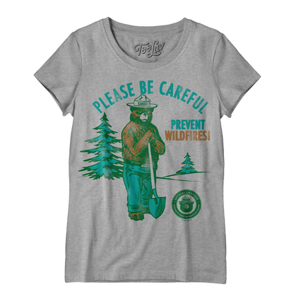 Smokey Bear Please Be Careful Prevent Wildfires  Women's Scoopneck Womens T Shirt Gray