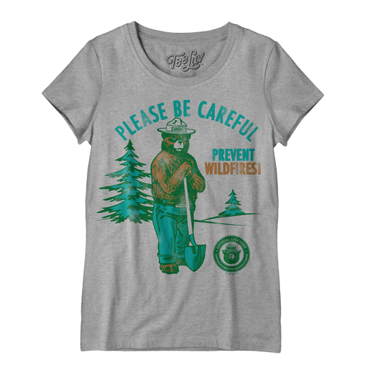 Smokey Bear Please Be Careful Prevent Wildfires  Women's Scoopneck Womens T Shirt Gray
