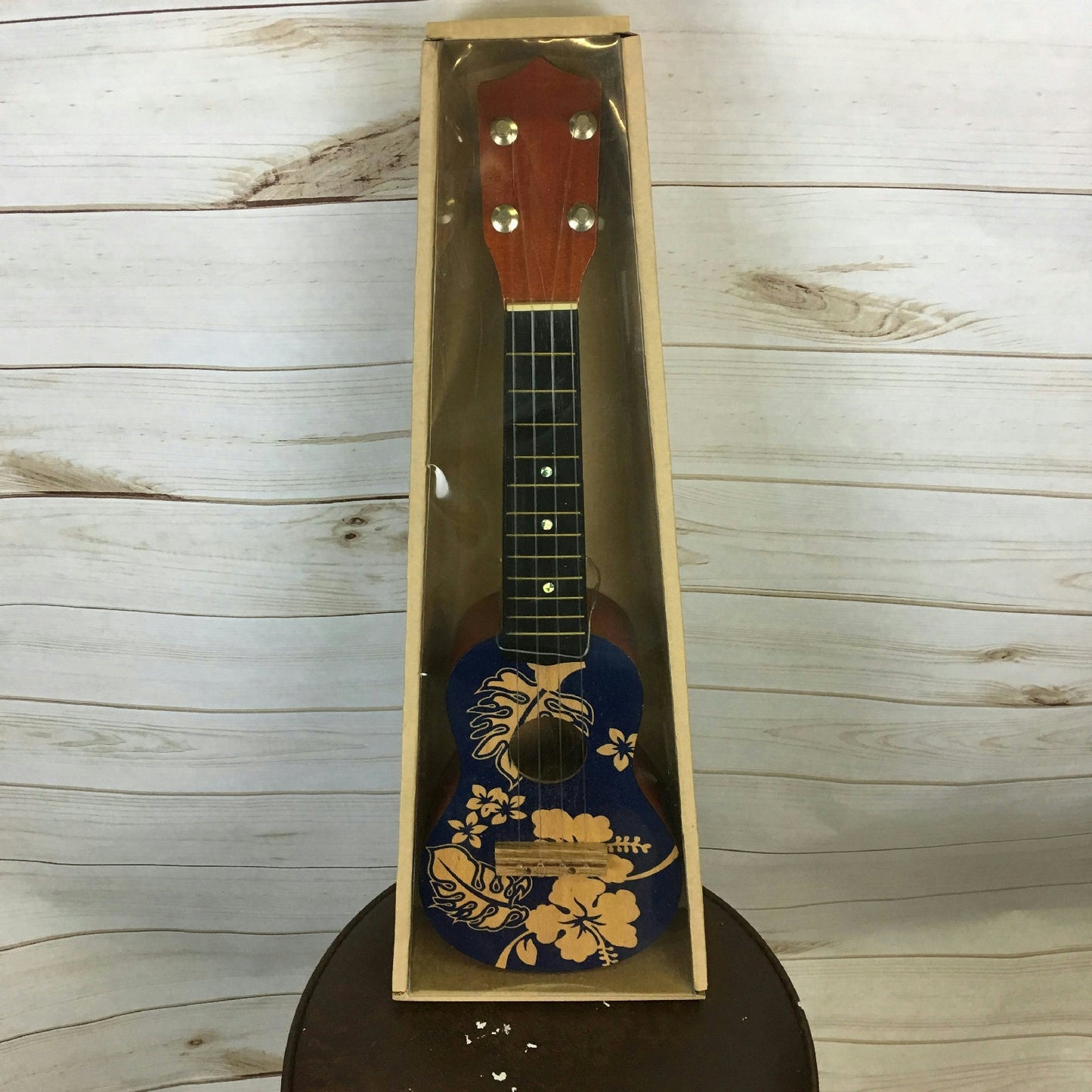18" Wooden Ukulele Blue Floral Hawaiian Print Tropical Party Accessory