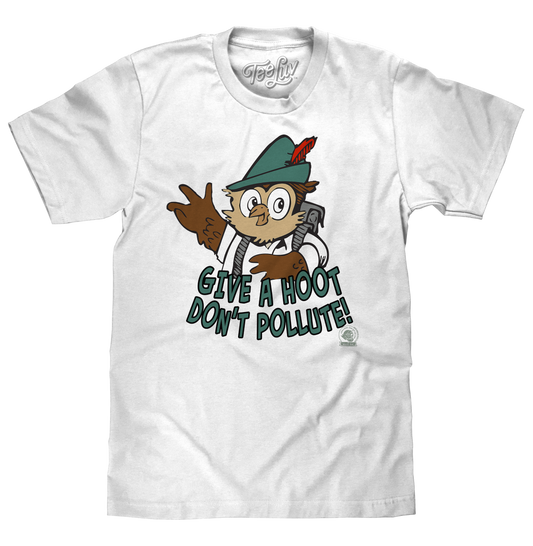 Woodsy Owl Give a Hoot Don't Pollute on Recycled Mens T Shirt White