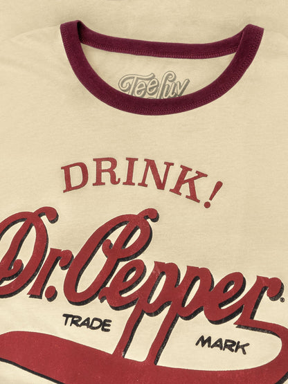 Retro Drink Dr. Pepper Ringer Mens T Shirt Beige and Maroon