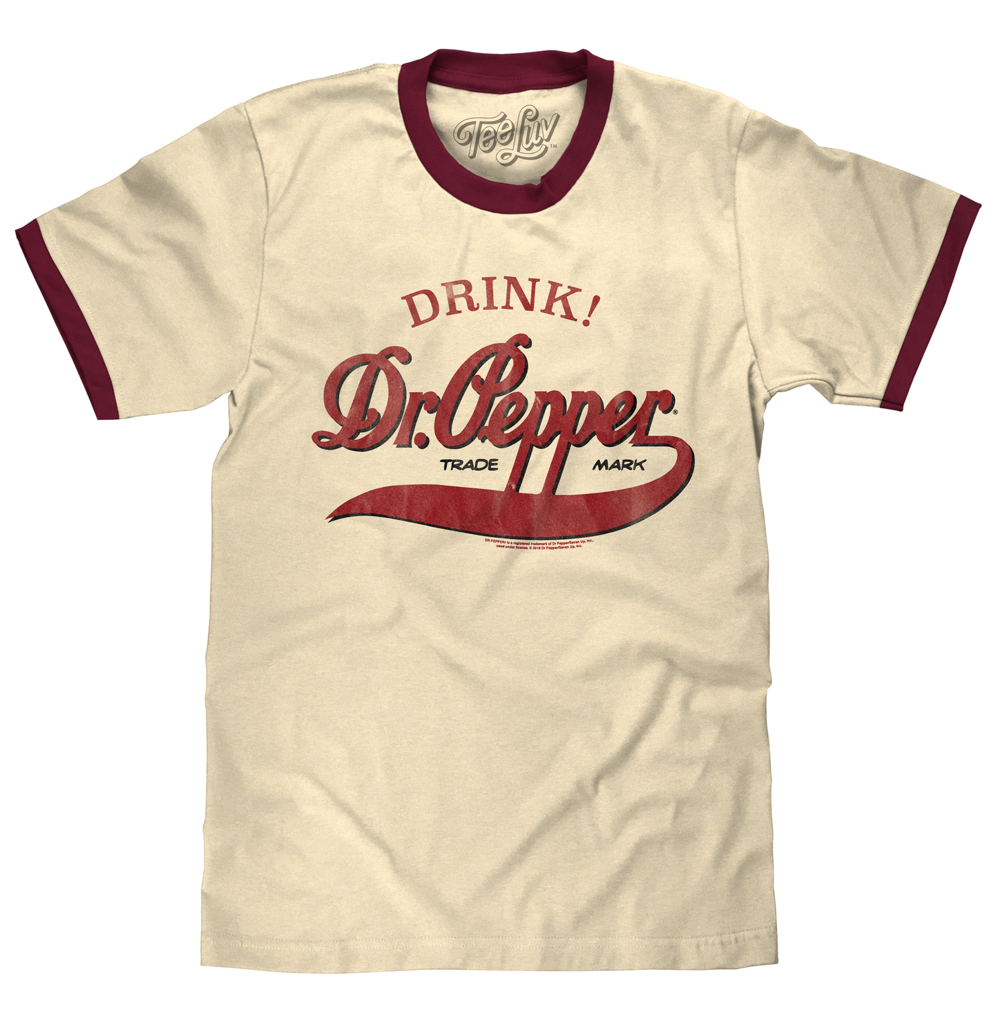 Retro Drink Dr. Pepper Ringer Mens T Shirt Beige and Maroon