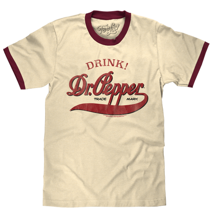 Retro Drink Dr. Pepper Ringer Mens T Shirt Beige and Maroon