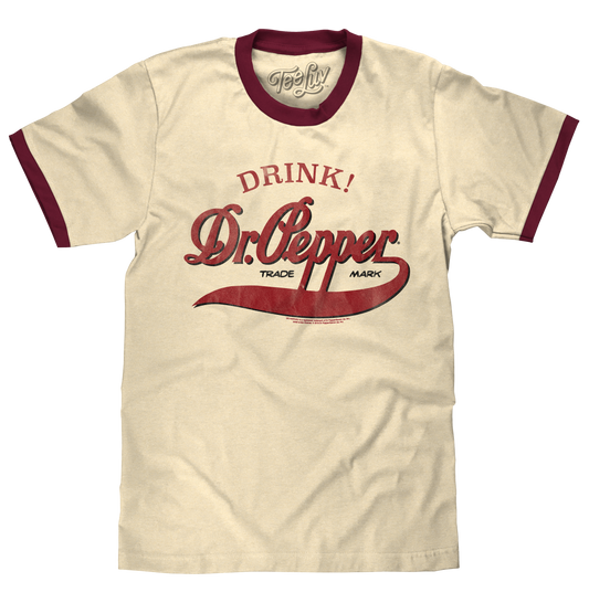 Retro Drink Dr. Pepper Ringer Mens T Shirt Beige and Maroon
