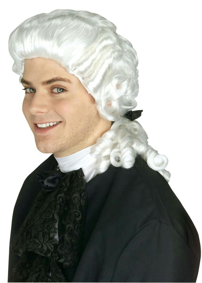 White 18th Century Colonial Peruke Curly Wig with Ponytail