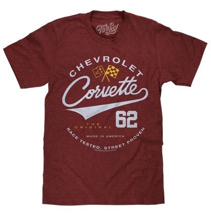 Chevrolet Corvette 62 Race Tested Street Proven Mens T Shirt Crimson Heather
