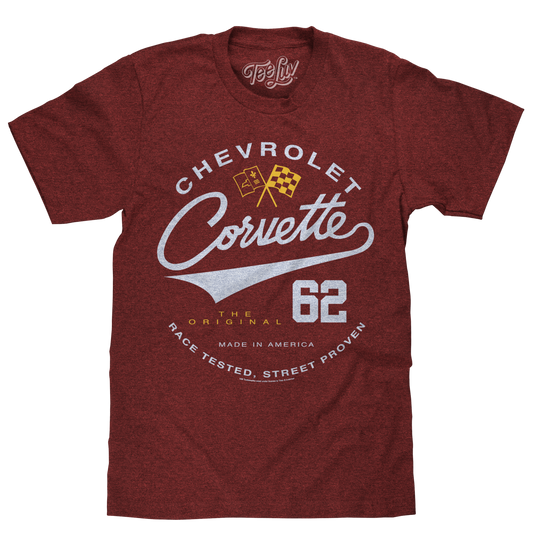 Chevrolet Corvette 62 Race Tested Street Proven Mens T Shirt Crimson Heather