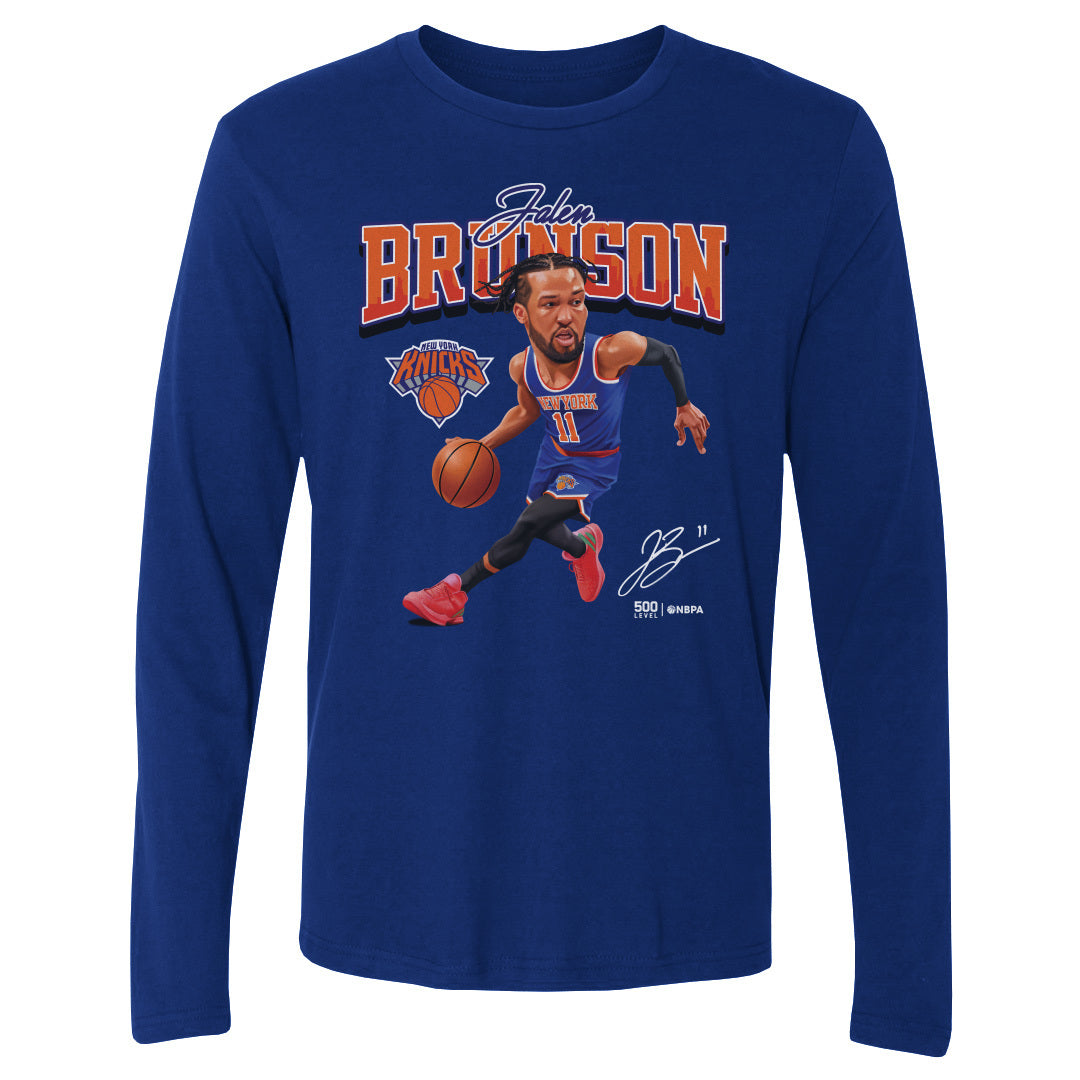 Jalen Brunson New York Knicks Caricature WHT Mens Long Sleeve T Shirt 500 Level Officially Licensed Fan Gear