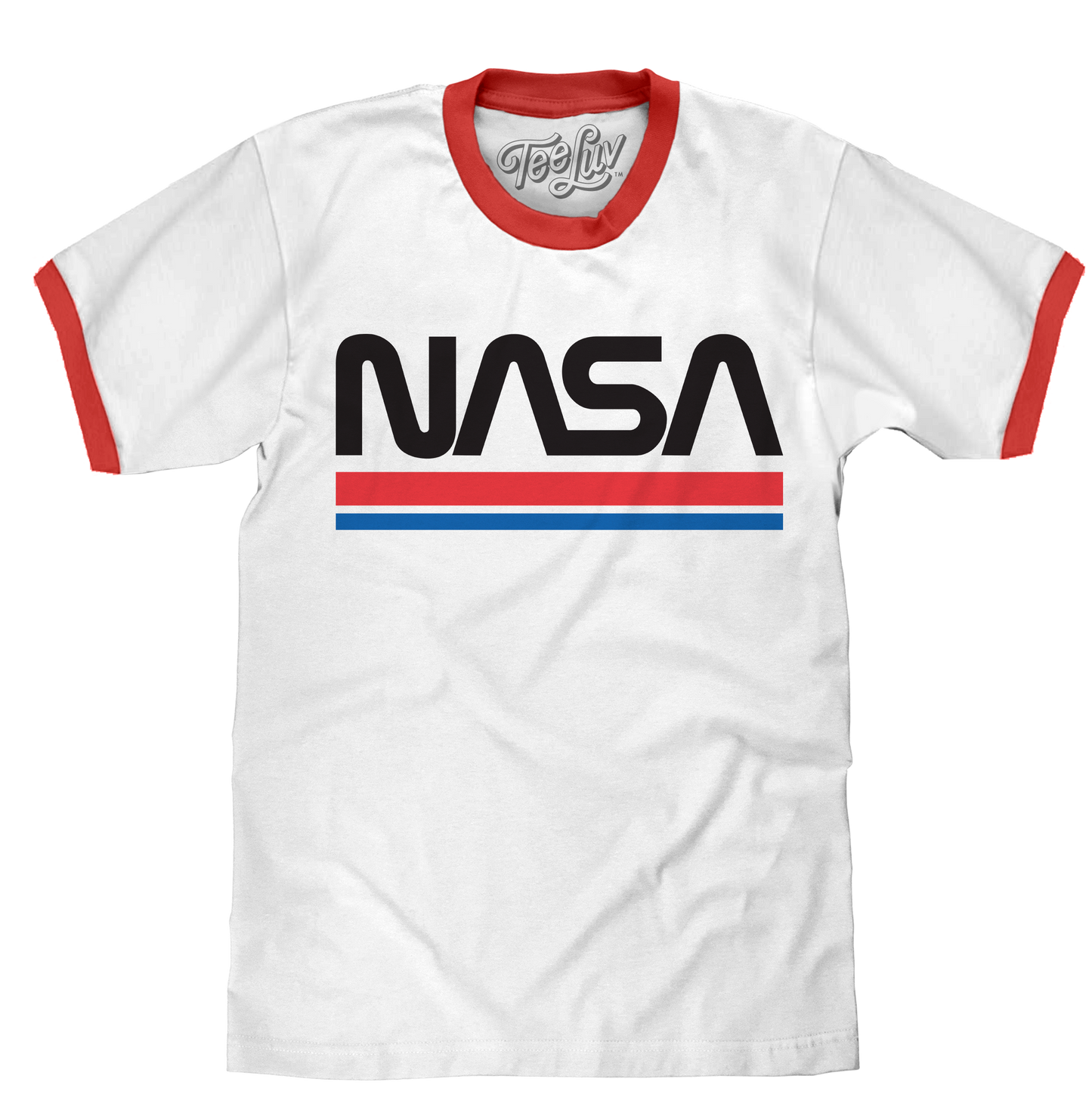 NASA Worm Logo Ringer Mens T Shirt White and Red