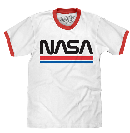 NASA Worm Logo Ringer Mens T Shirt White and Red
