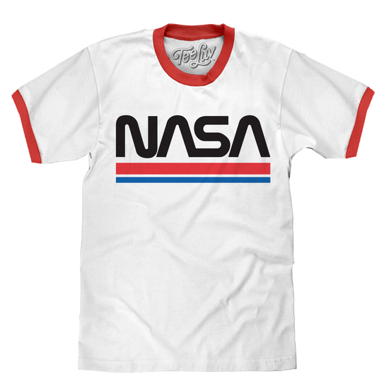 NASA Worm Logo Ringer Mens T Shirt White and Red