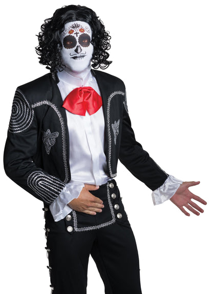 Adult Fabric Men's Day Of The Dead Male Mask with Attached Black Curly Wig
