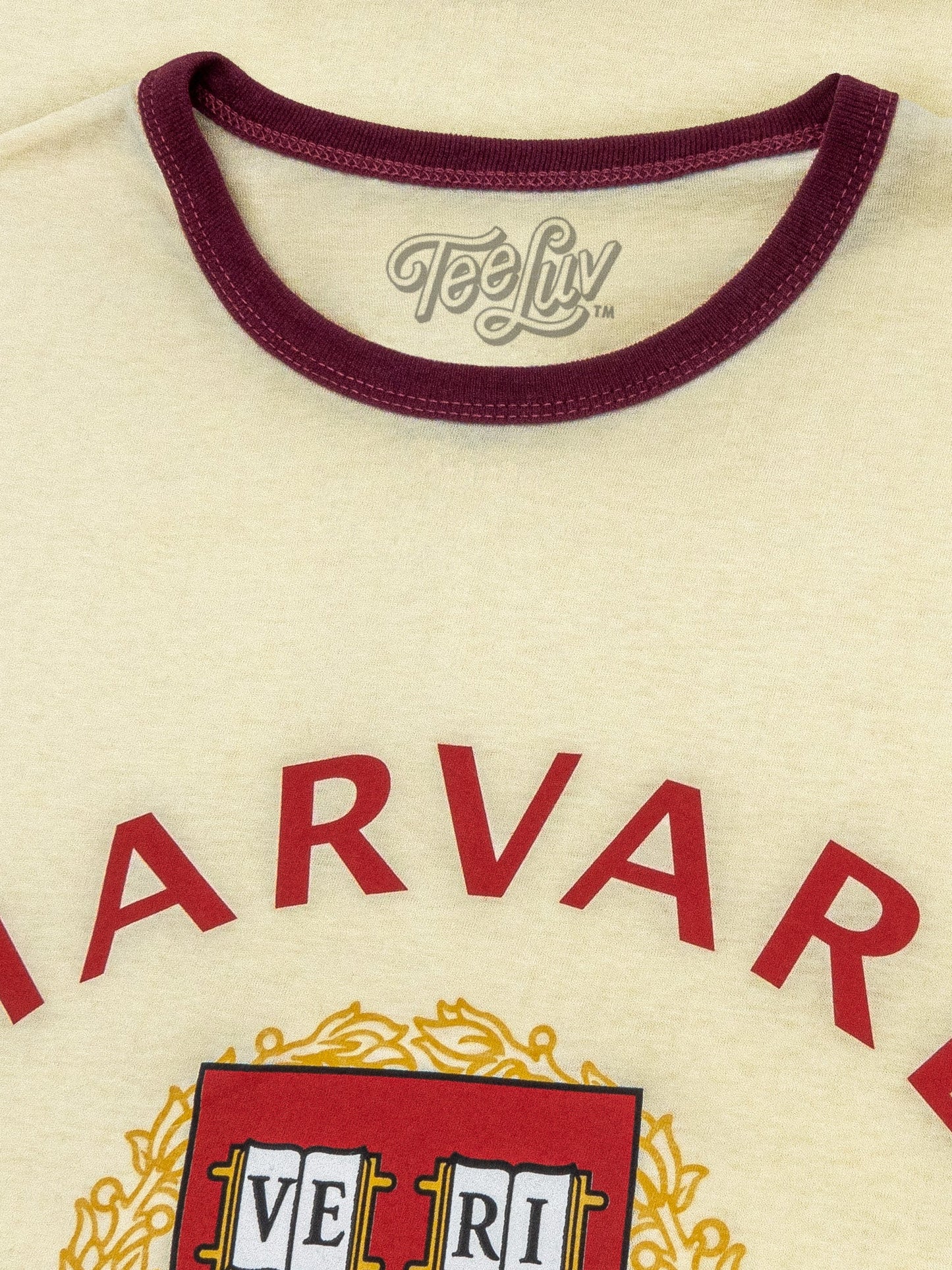 Harvard University Veritas Mens Ringer T Shirt Natural Beige and Maroon
