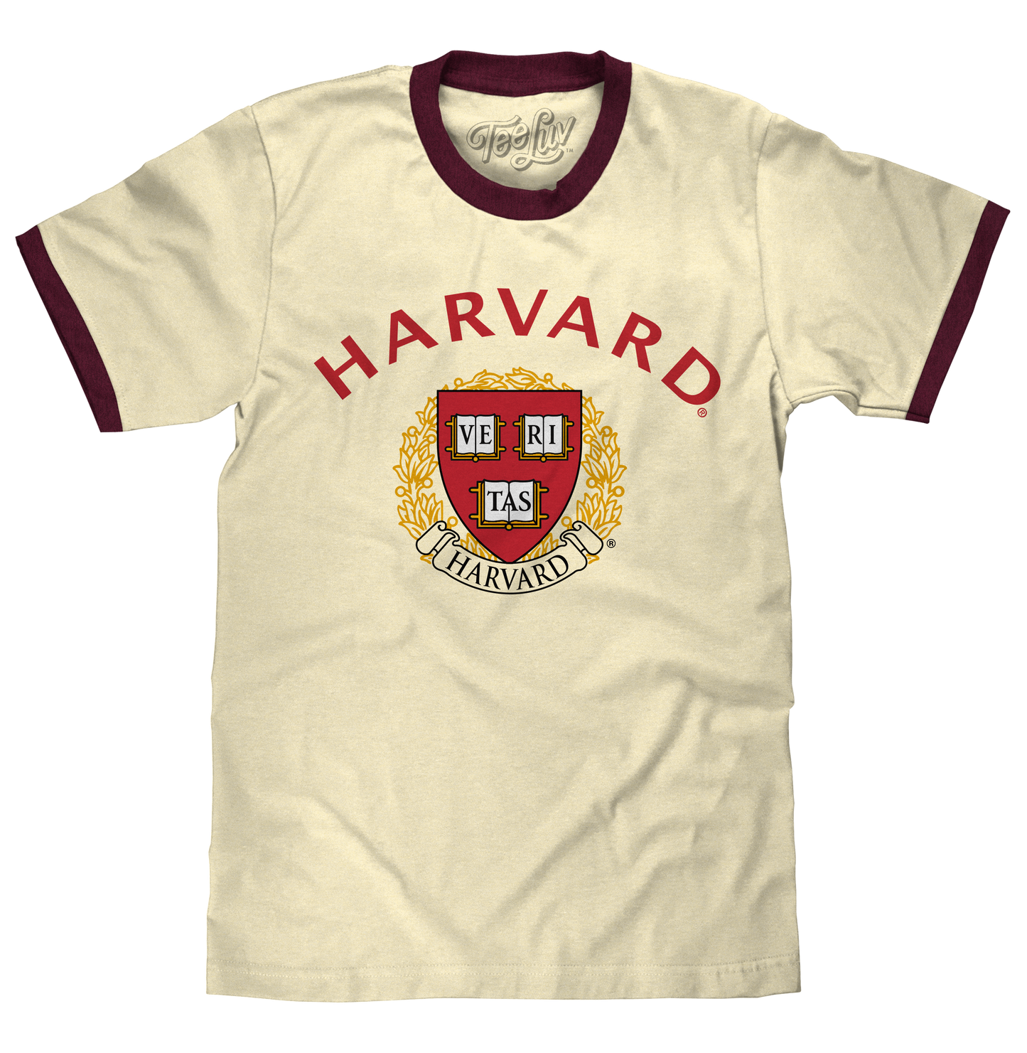 Harvard University Veritas Mens Ringer T Shirt Natural Beige and Maroon