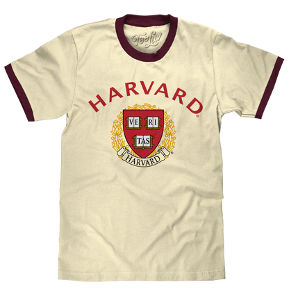 Harvard University Veritas Mens Ringer T Shirt Natural Beige and Maroon