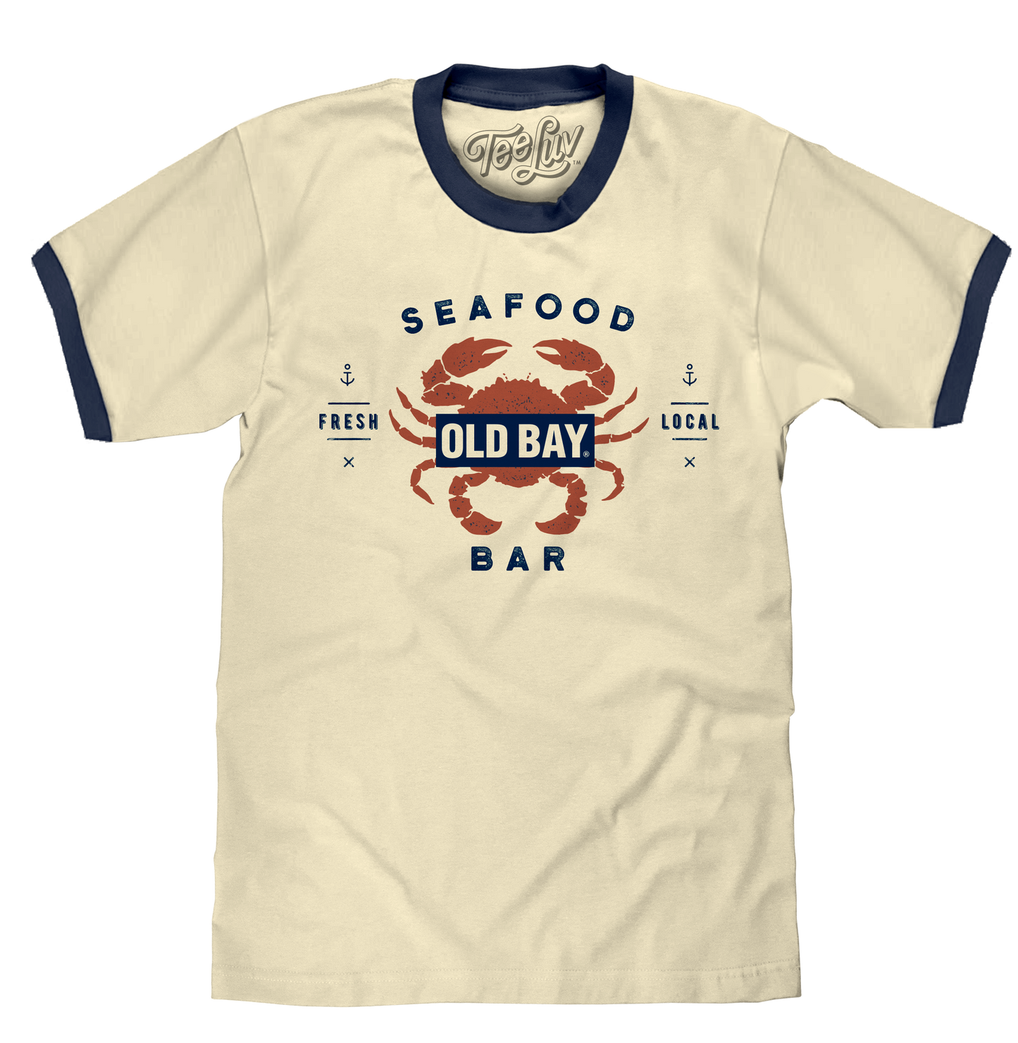 Old Bay Seafood Bar Lobster Logo Ringer Mens T Shirt Beige and Navy