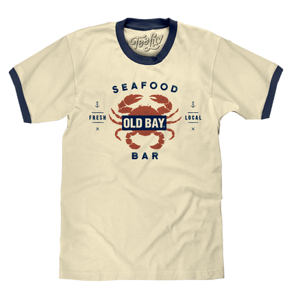 Old Bay Seafood Bar Lobster Logo Ringer Mens T Shirt Beige and Navy