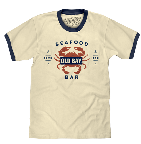 Old Bay Seafood Bar Lobster Logo Ringer Mens T Shirt Beige and Navy