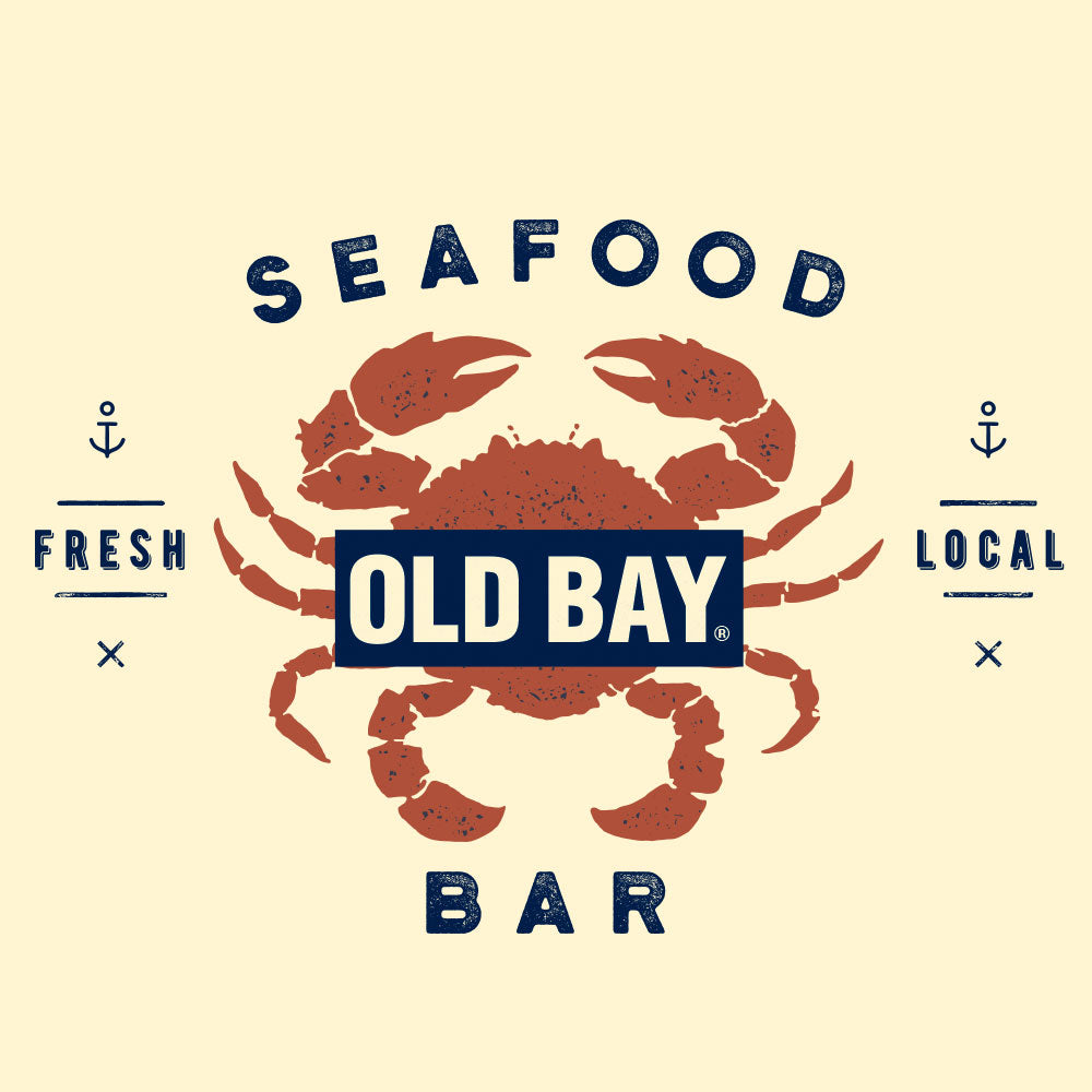 Old Bay Seafood Bar Lobster Logo Ringer Mens T Shirt Beige and Navy
