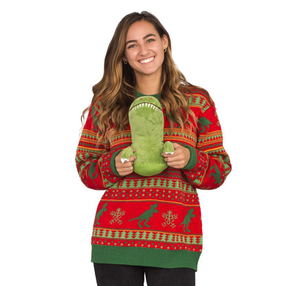3D T-Rex Red and Green Adult Ugly Christmas Sweater