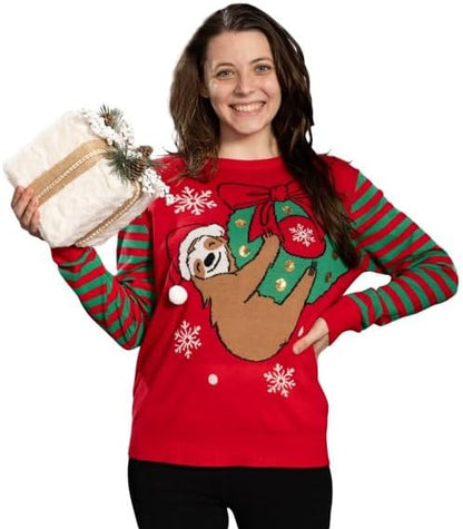 Sloth Santa Hat Hanging on Gift Ball Ornament Women's Juniors Ugly Christmas Sweater