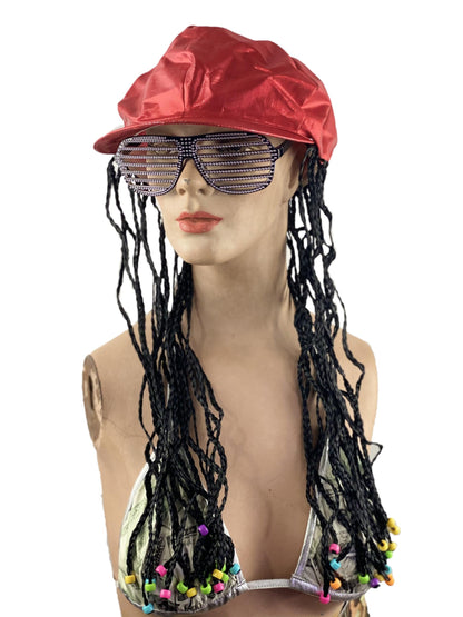 Red Alicia Go Go Cap with Attached Black Braids Wigs and Colorful Beads