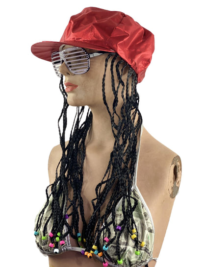 Red Alicia Go Go Cap with Attached Black Braids Wigs and Colorful Beads