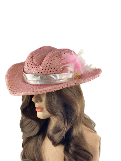 Rhinestone Pink Sequin Cowgirl Gal Feather Girl Dress Up Costume Hat