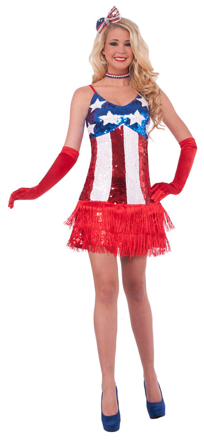 Sexy Patriotic Sparkle July 4th American Flag Sequin Flapper Costume Dress M/L