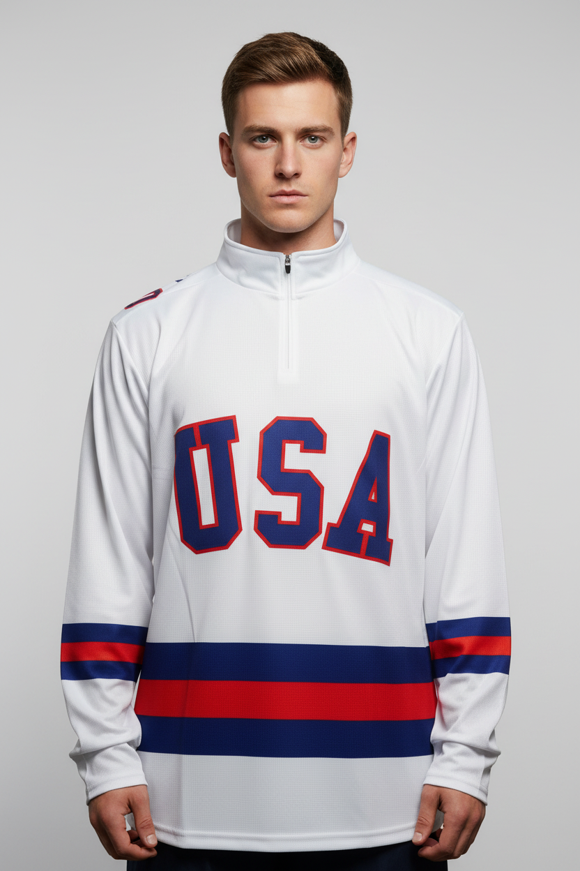 USA Hockey Adult Miracle on Ice 1980 Team Jersey White Lightweight 1/4 Zip Longsleeve Jersey Shirt