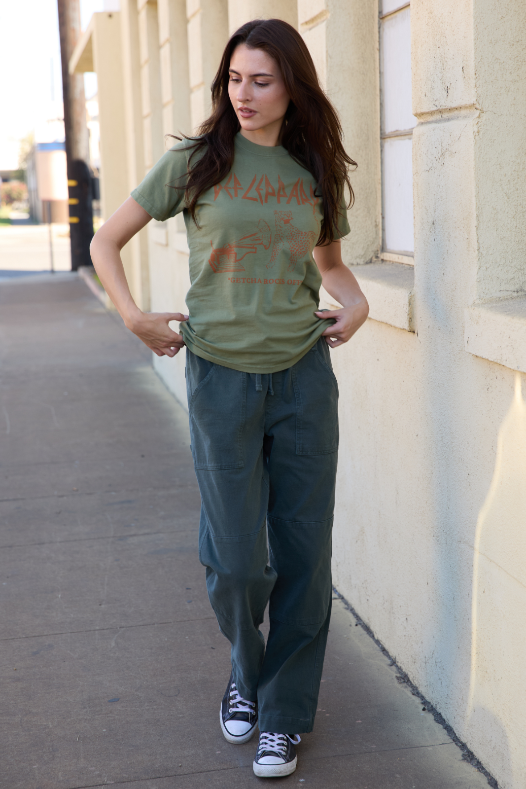 Def Leppard "Getcha Rocks Off" Tee Womens T Shirt Olive Green