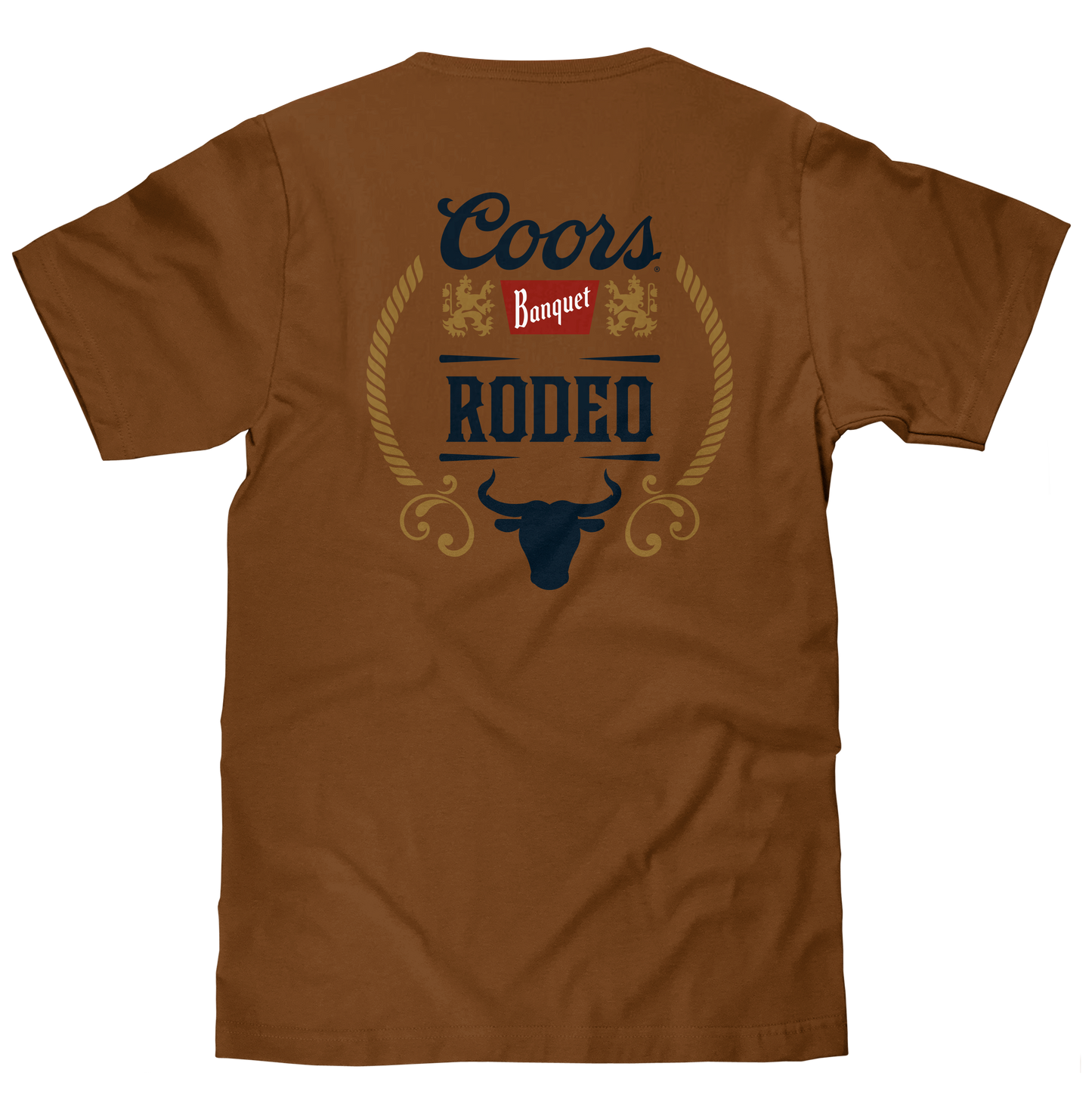 Coors Banquet Rodeo Bull Beer Front and Back Mens T Shirt Brown
